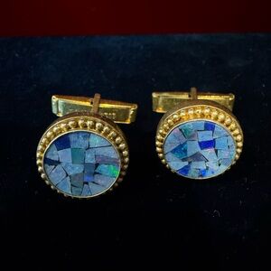 Rare Vintage Gold-Tone Sterling Opal Mosaic Cufflinks Marked MMA 925 Pat.2920363